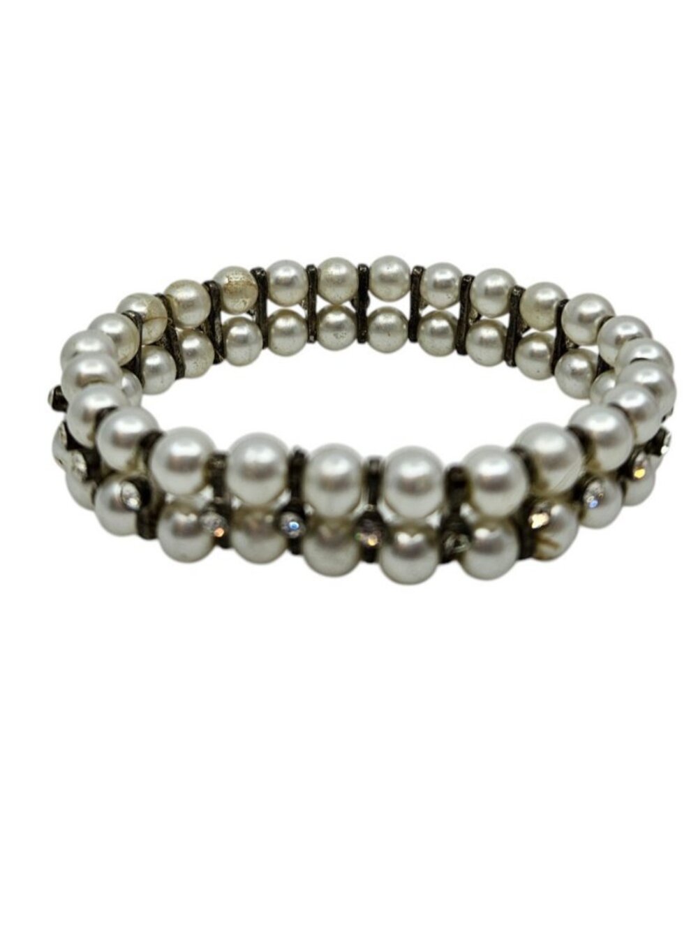 Vintage Faux Pearl & Rhinestone Stretch Bracelet - White, 6¼"